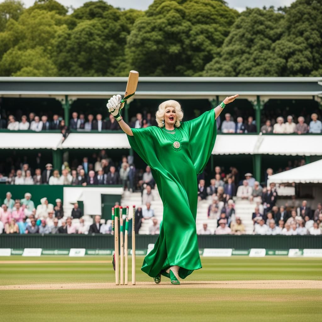Drag Queen Plays Cricket at Lord's in Green Caftan