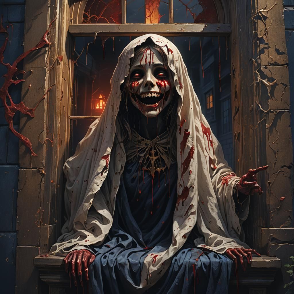 Eerie Ghost Outside Girl's Window in Dark Fantasy Art