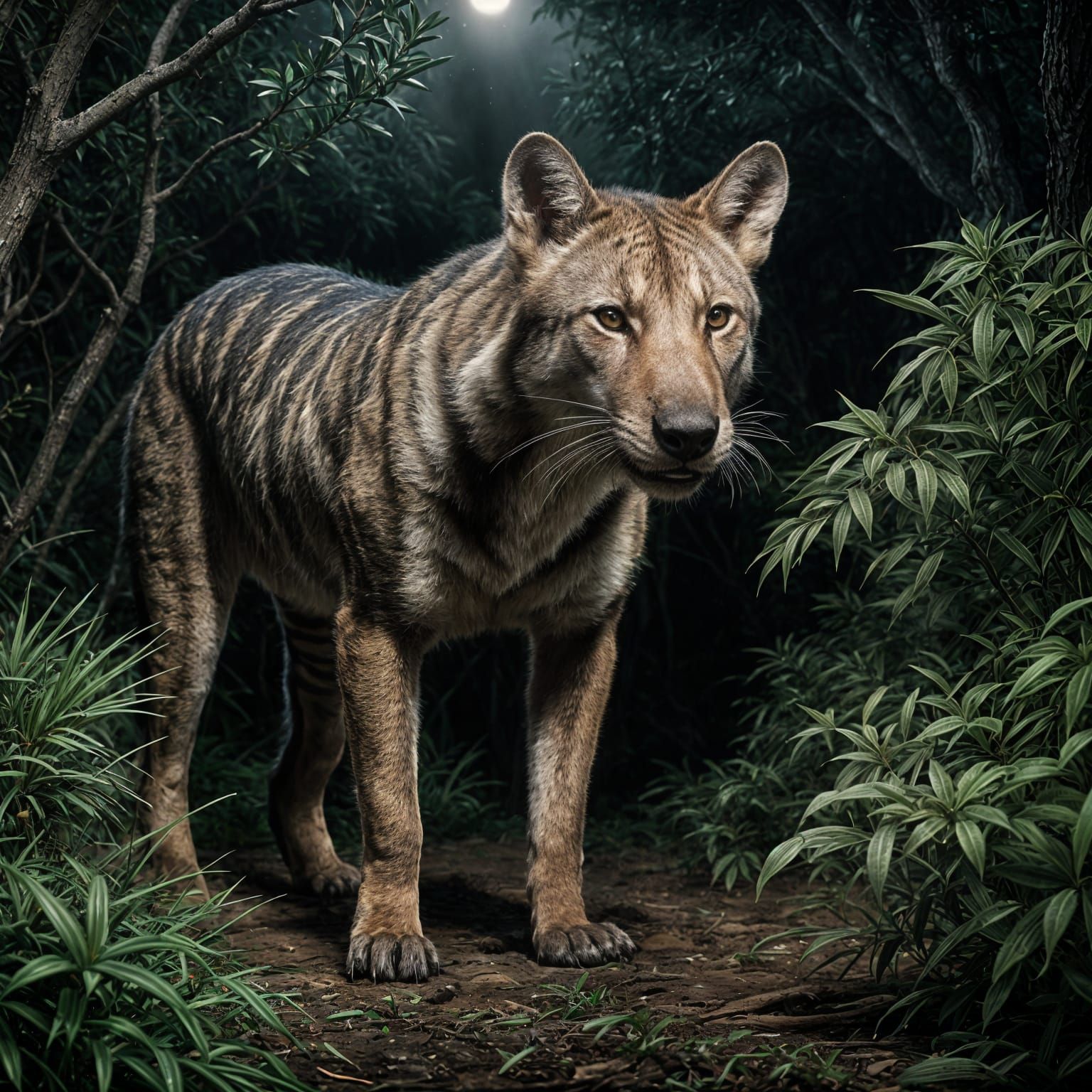 Majestic Thylacine in a Dark Night Shrubbery