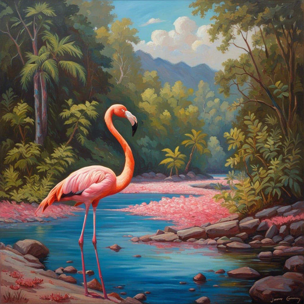 Flamingo in Forest Riverbed Oil Painting