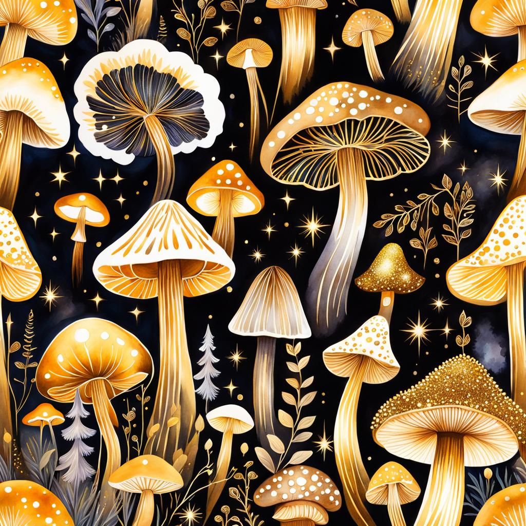 Ethereal Magical Mushrooms in Watercolor Painting