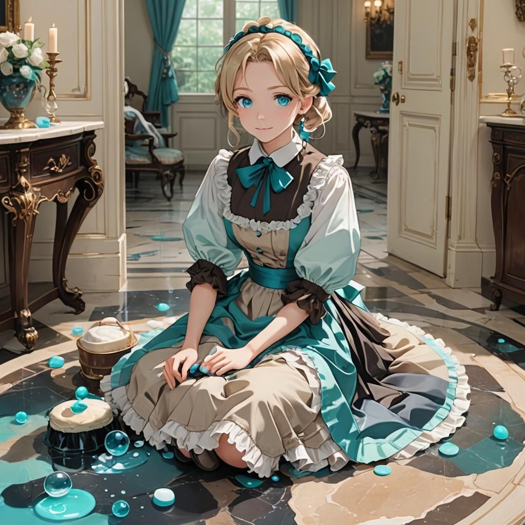 Anime Girl Cleaning Happily in a Mansion