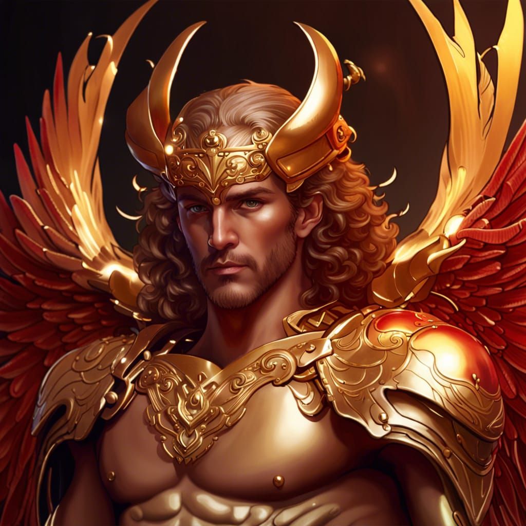 Aries Zodiac Angel in Golden Armor, Detailed Illustration