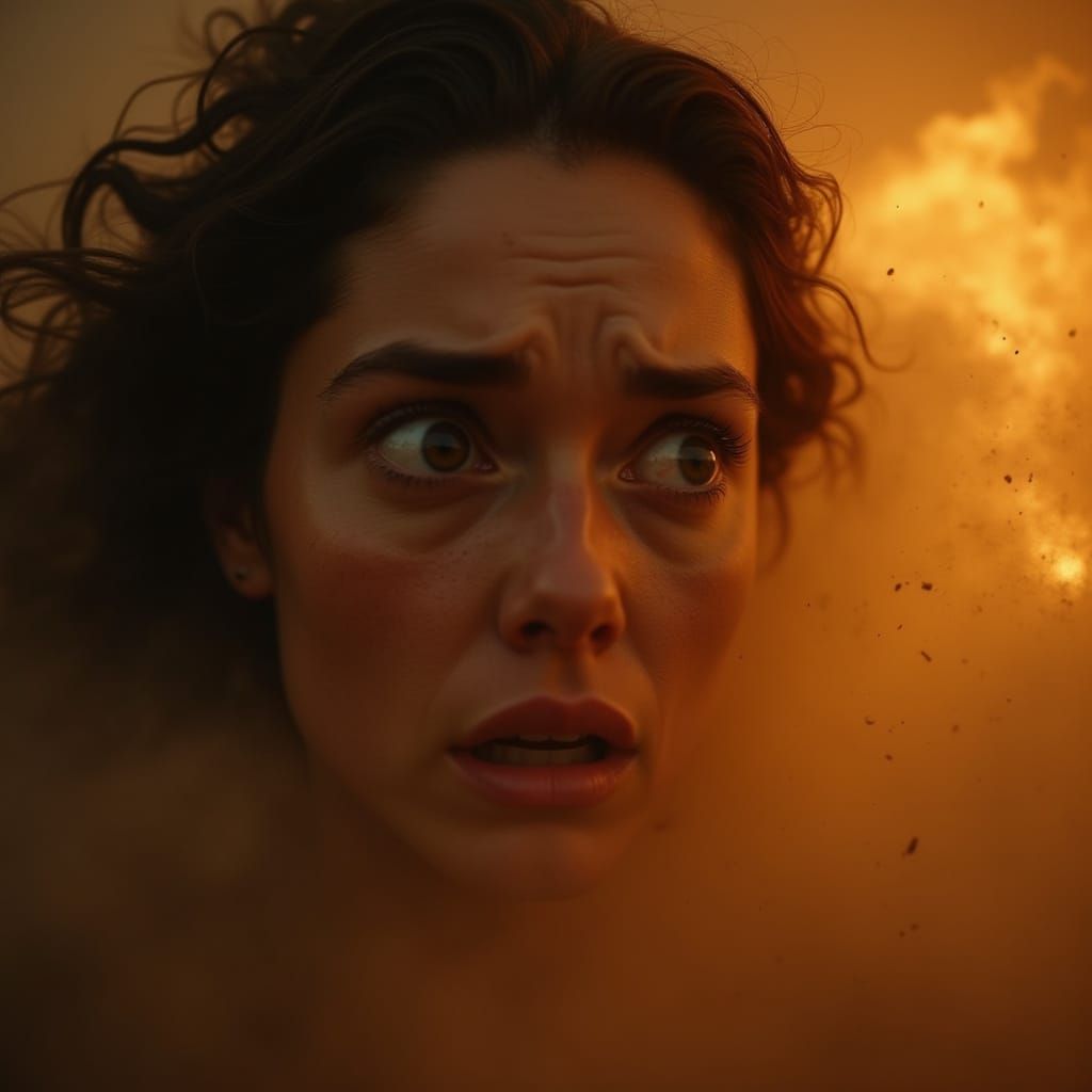 Close-up of Nora's Frightened Face in a Blazing Sandstorm