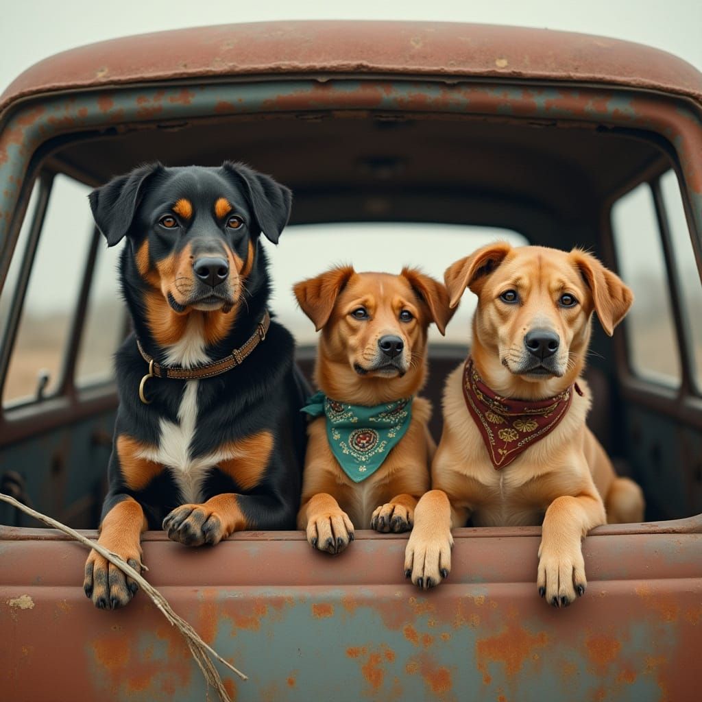 Dogs in Old Car, Wildlife Art Style