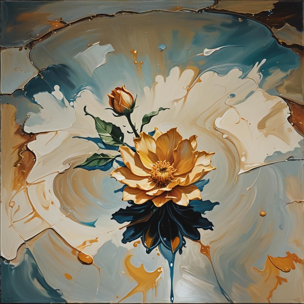 Surreal Flower on a Melting Table, Oil Painting