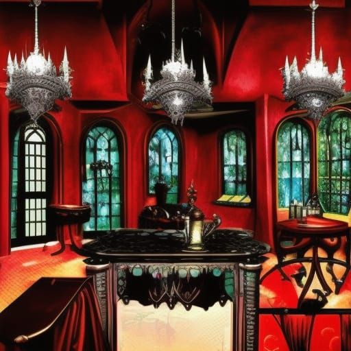 Vampire Penthouse with purple walls with black accents& Silver Gothic windows with Black curtains& Black Gothic furnitur...
