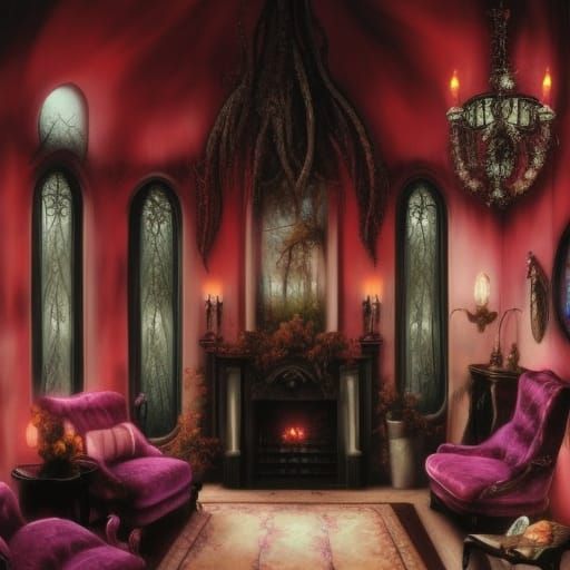 Vampire Penthouse with purple walls with black accents& Silver Gothic windows with Black curtains& Black Gothic furnitur...