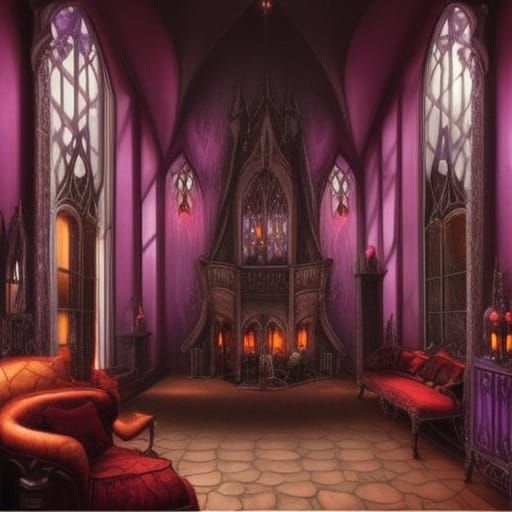 Vampire Penthouse with purple walls with black accents& Silver Gothic windows with Black curtains& Black Gothic furnitur...