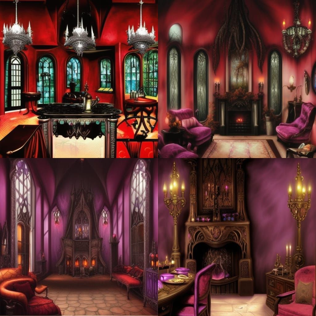 Vampire Penthouse with purple walls with black accents& Silver Gothic windows with Black curtains& Black Gothic furnitur...
