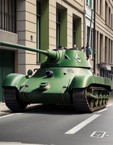 Green T34 Tank on City Street