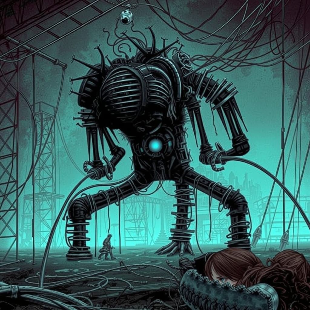 Goth Fashion Model in Dark, Industrial Abyss with Biomechani...