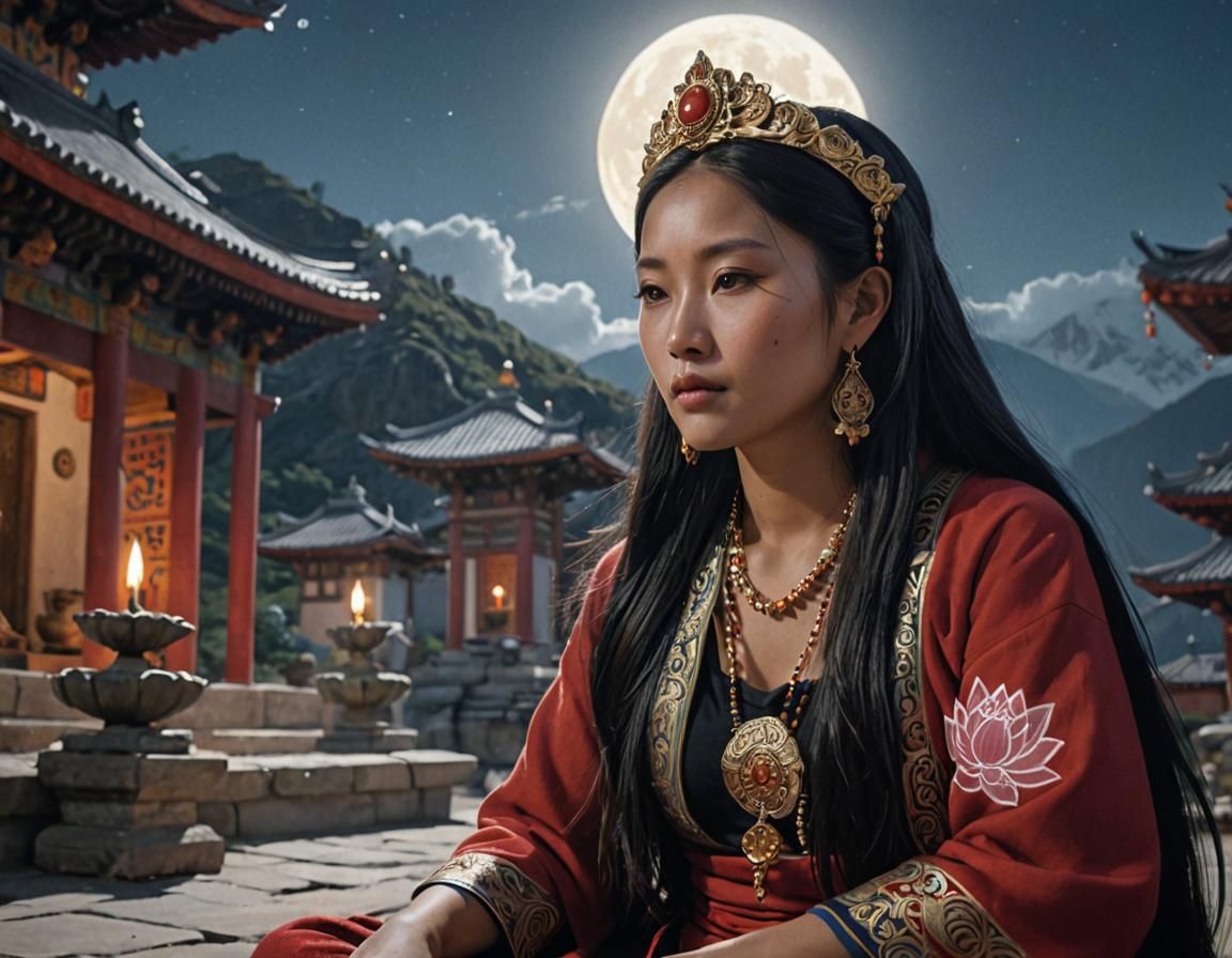 Tibetan Woman Meditating Under Moonlight, Fantasy Art
