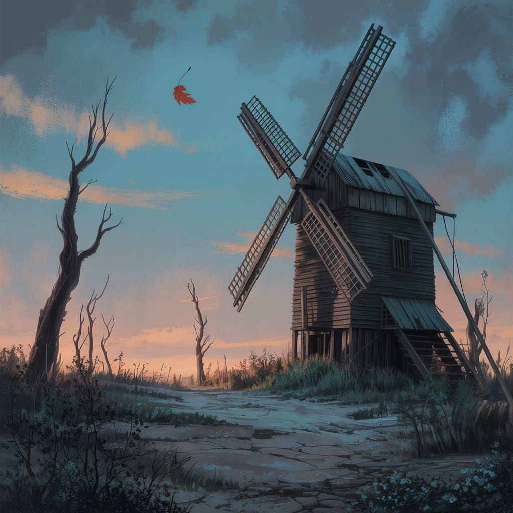 Post-Apocalyptic Windmill at Twilight in Painterly Style