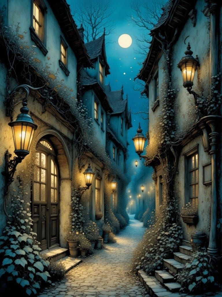 Mysterious Medieval Alley in Deep, Entangled Colors