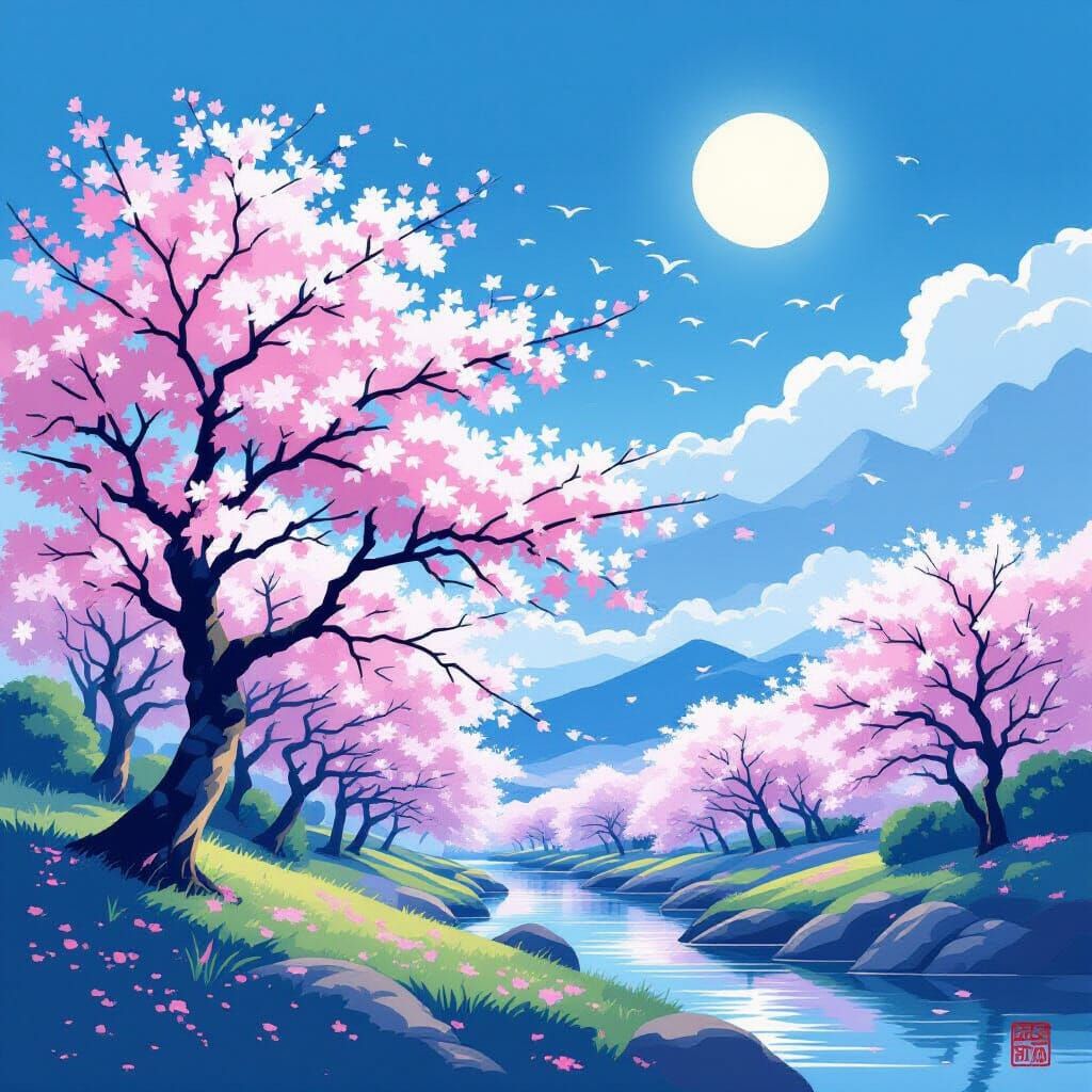 Ethereal Cherry Blossom Landscape Painting in Ukiyo-e Style