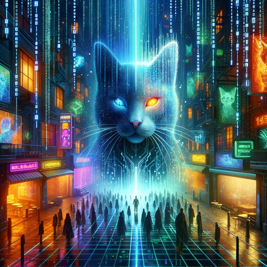 Cyberpunk Cat in Matrix Cityscape with Binary Rain