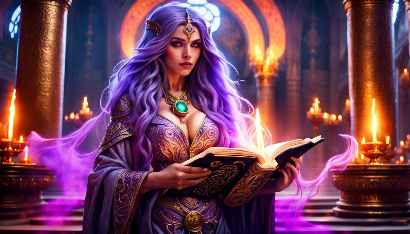 Epic Temple Scene: Breathtaking Sorceress with Magical Tome