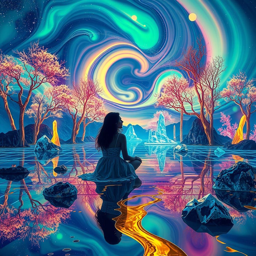 Bioluminescent Trees Under Neon Auroras, Ethereal Art