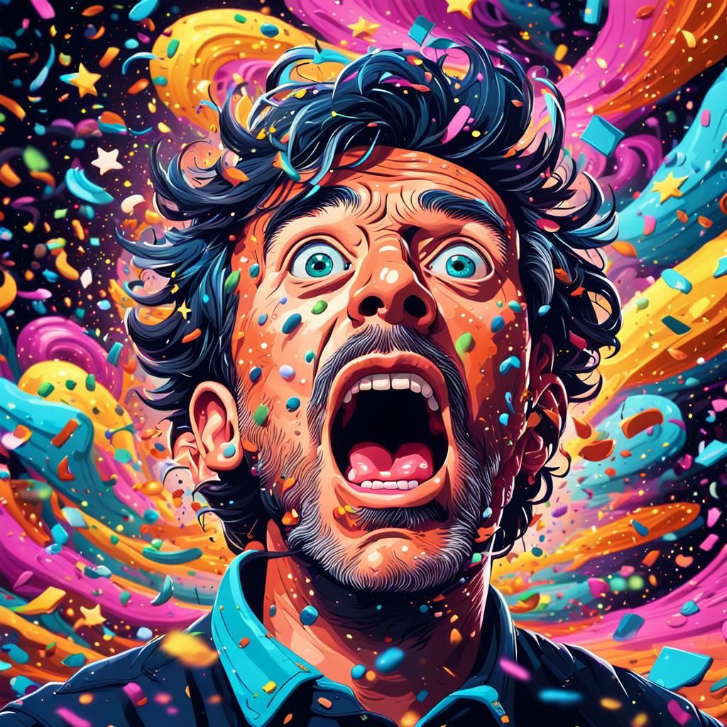 Shocked Cartoon Character in Surreal Confetti Storm
