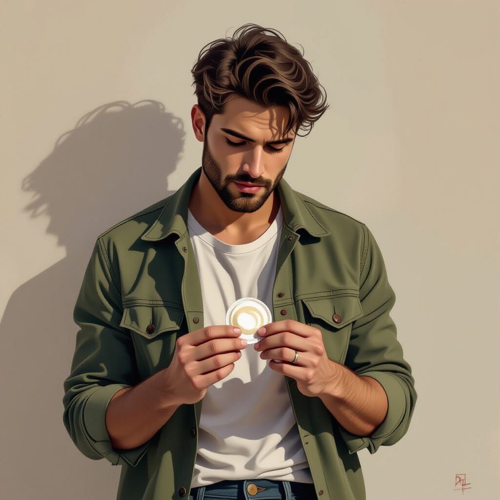 Man Holding Condom in Egon Schiele Style