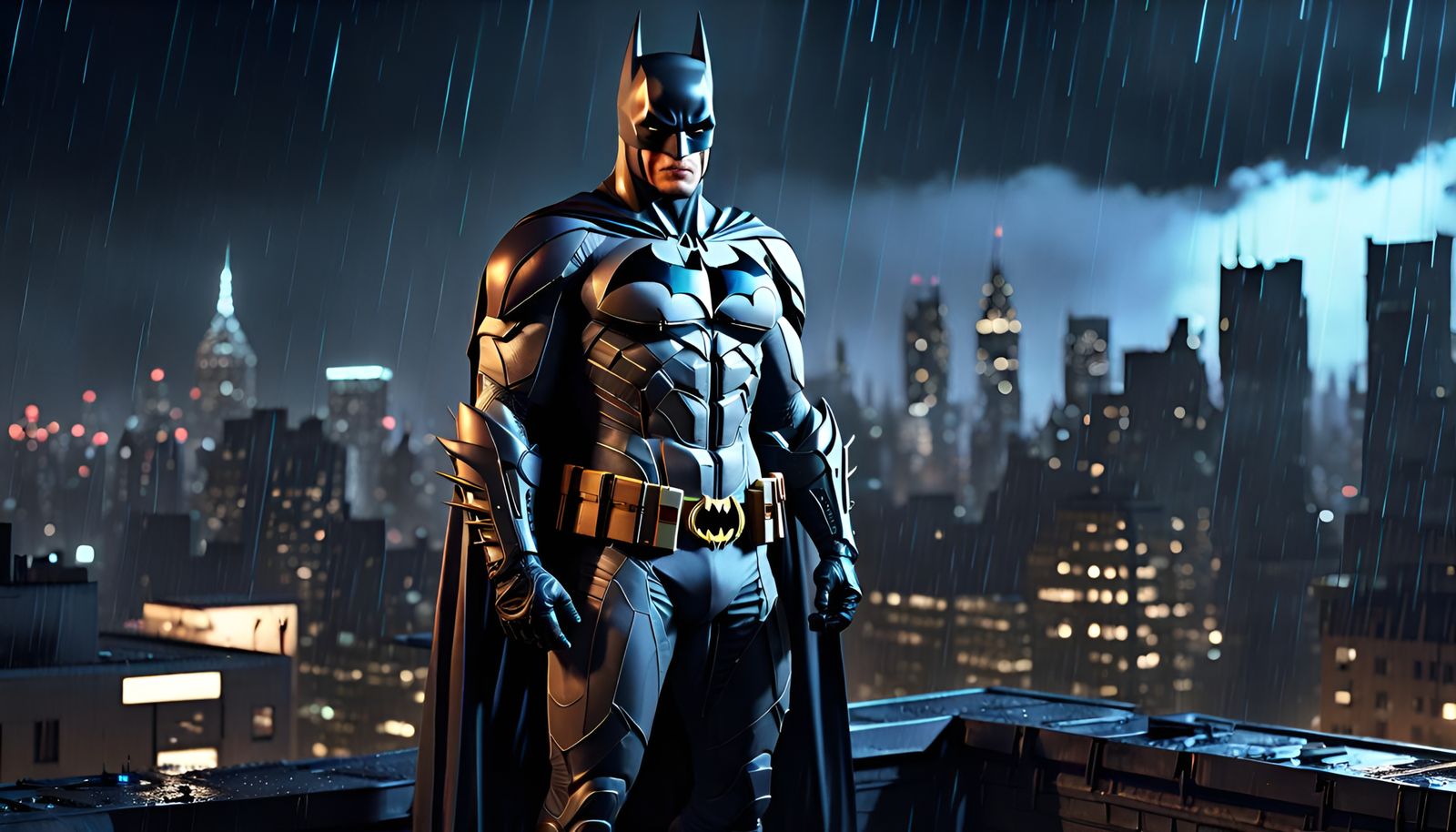 Batman on Gotham Rooftop: Modern Suit, Gritty Hyperrealism