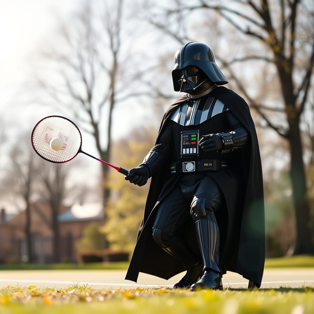 Darth Vader in Badminton Action on a Sunny Day