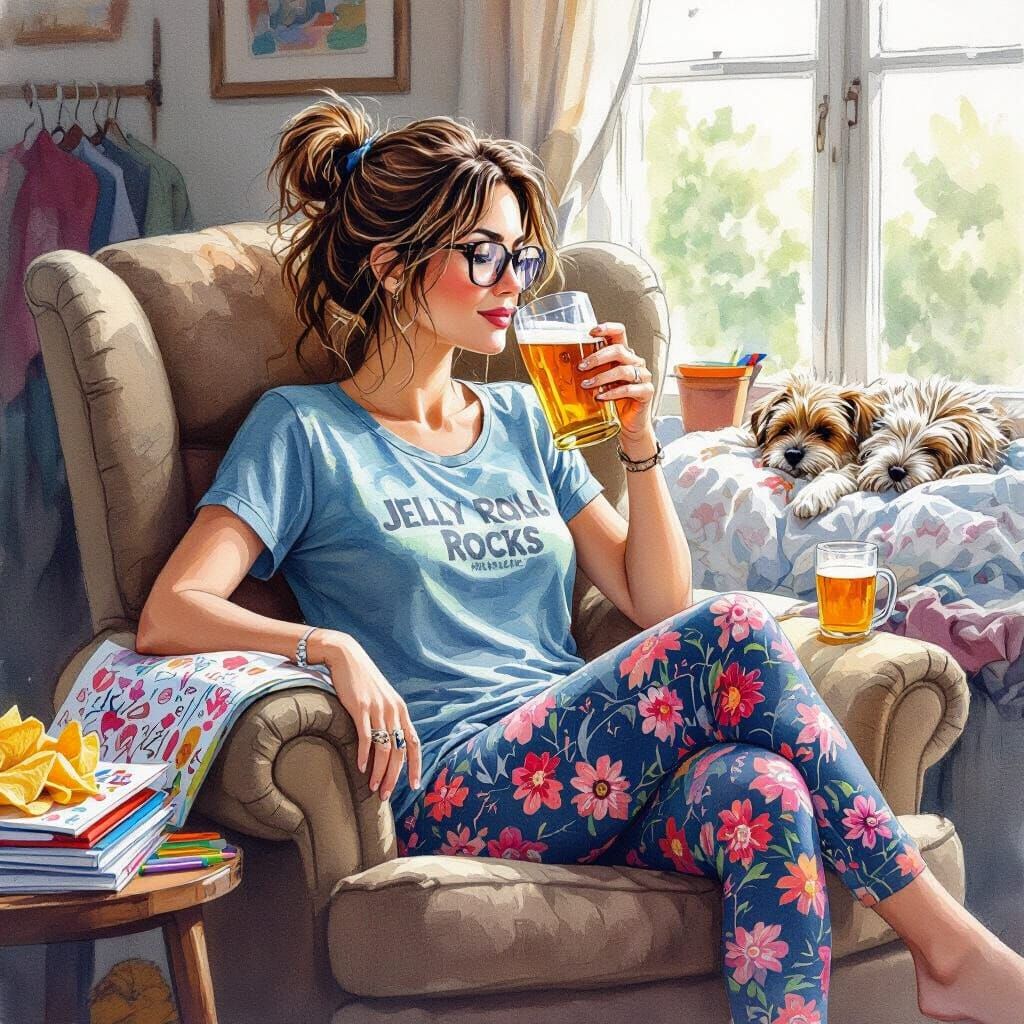 Relaxed Woman in Messy Room: A Watercolor Painting