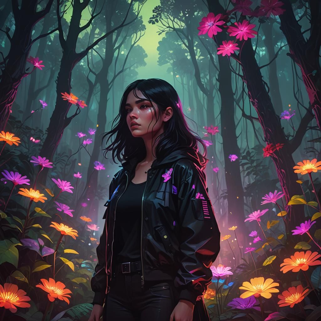 Dark Fantasy Girl in Neon Forest: Digital Art