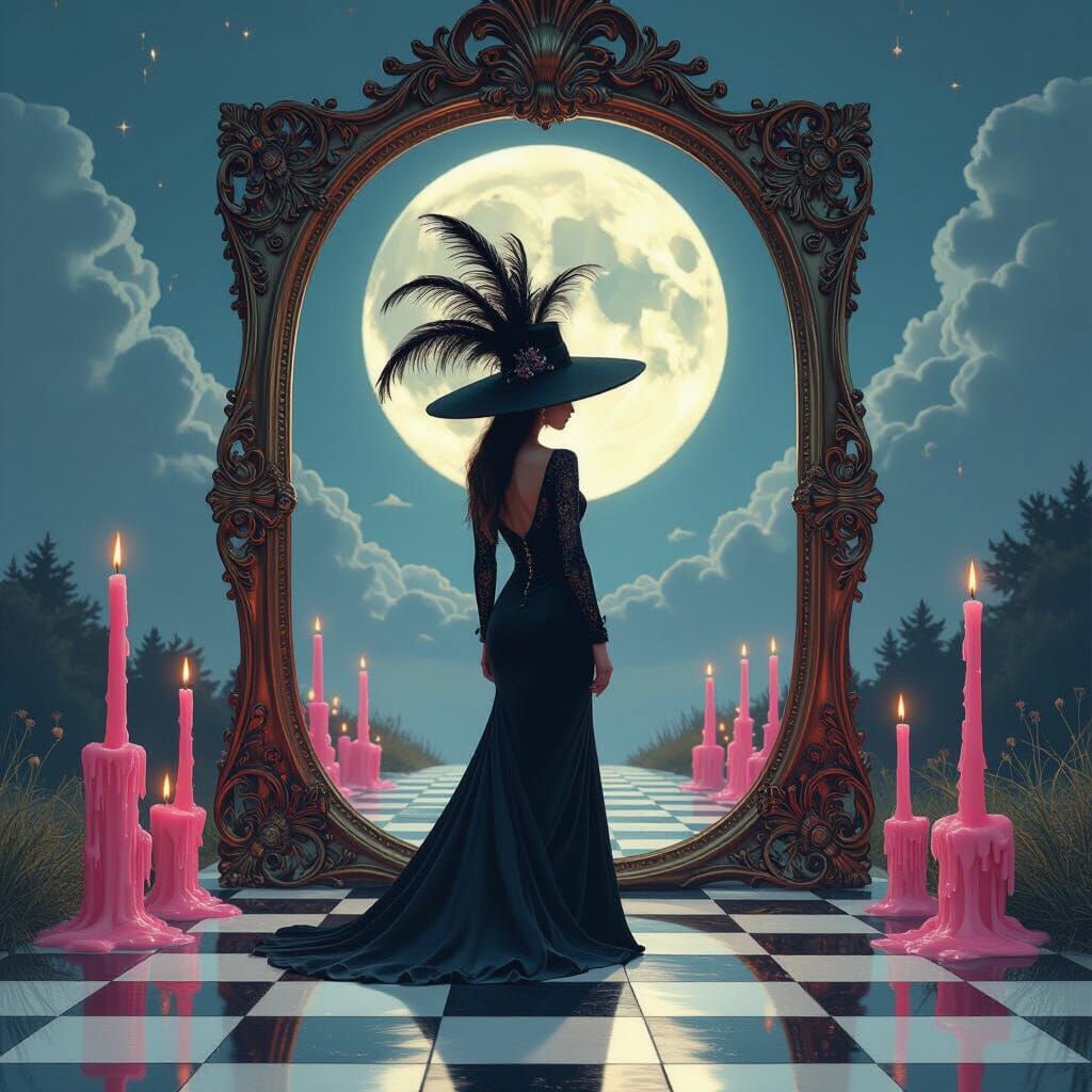 Feathered Hat on Chessboard Road with Moonlit Mirror