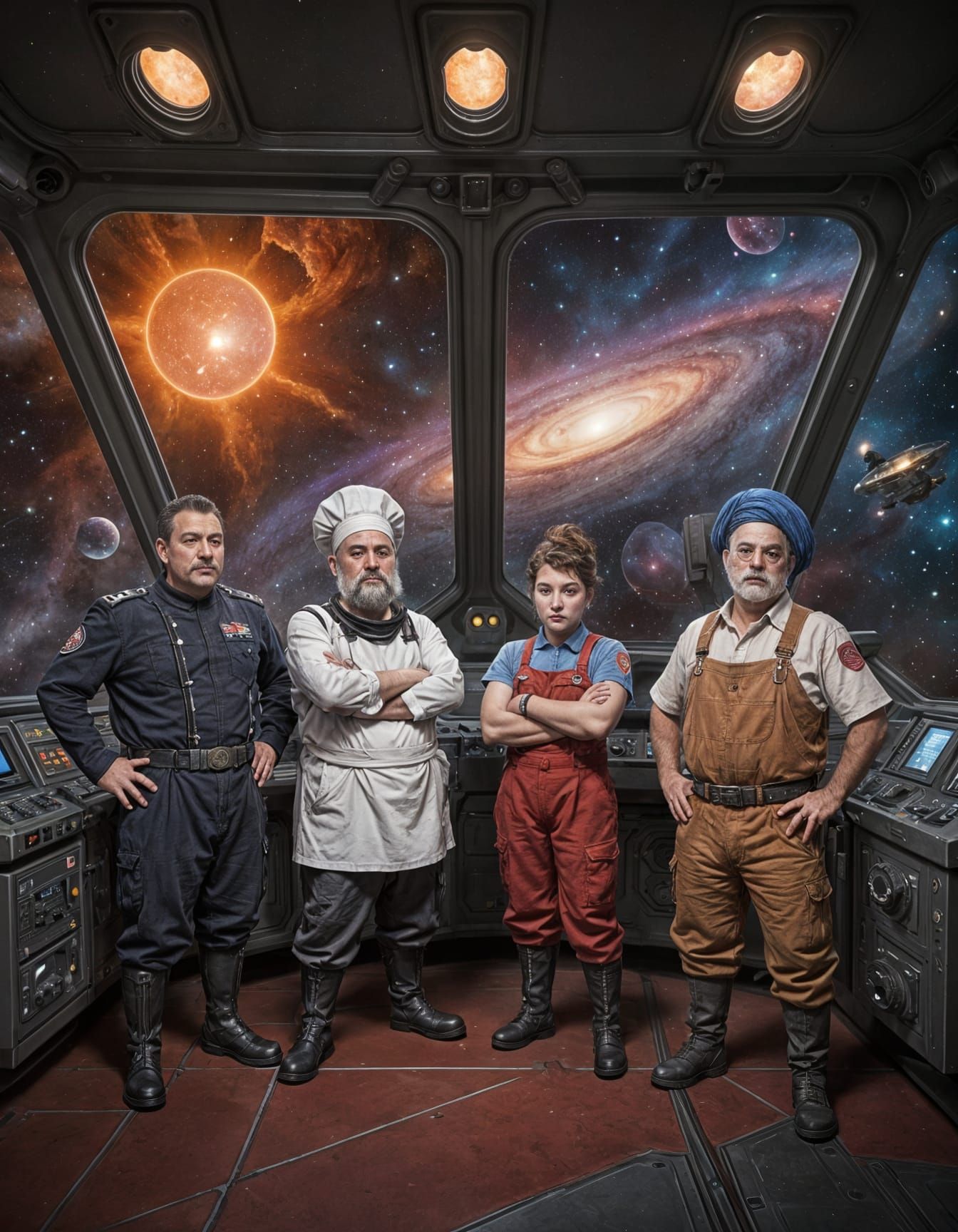 Junker Starship Crew Gazing at Red Dwarf Star