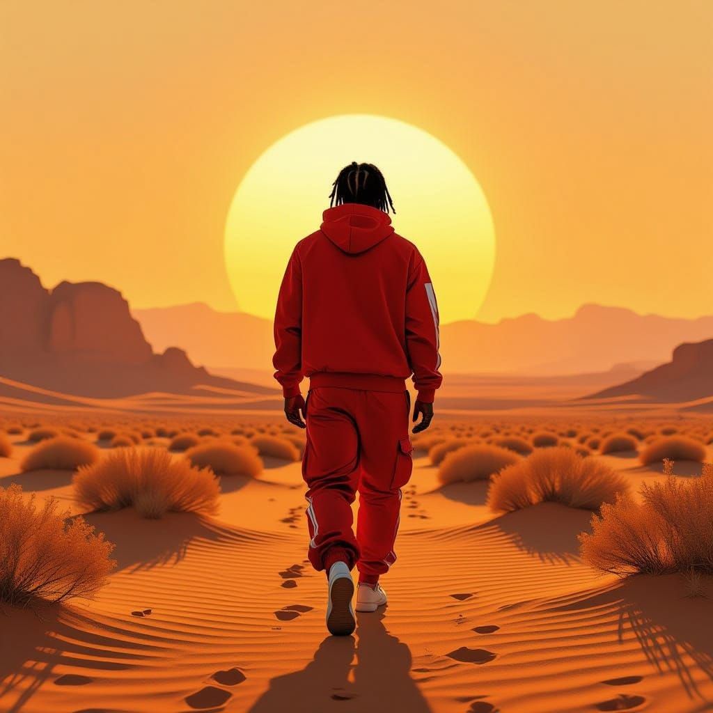 Kendrick Lamar in Desert at Sunset, Concept Art Style