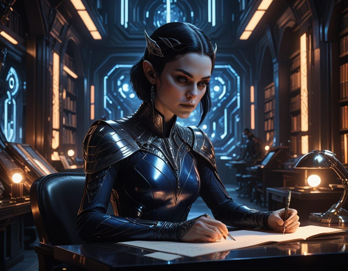 Hyper-Realistic Sci-Fi Drow in Modern Library