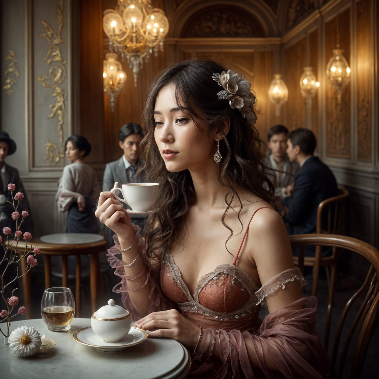 Elegant Debutante Sipping Tea in Paris Cafe