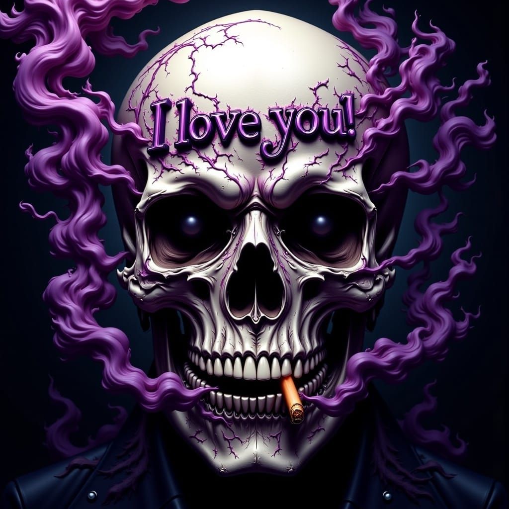 Dark, Graffiti Skull Exhaling Smoke in Pop-Art Purple