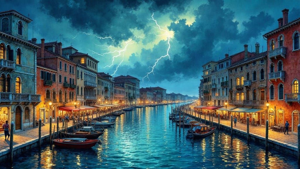Venice Thunderstorm in Moebius-Inspired Atmospheric Style