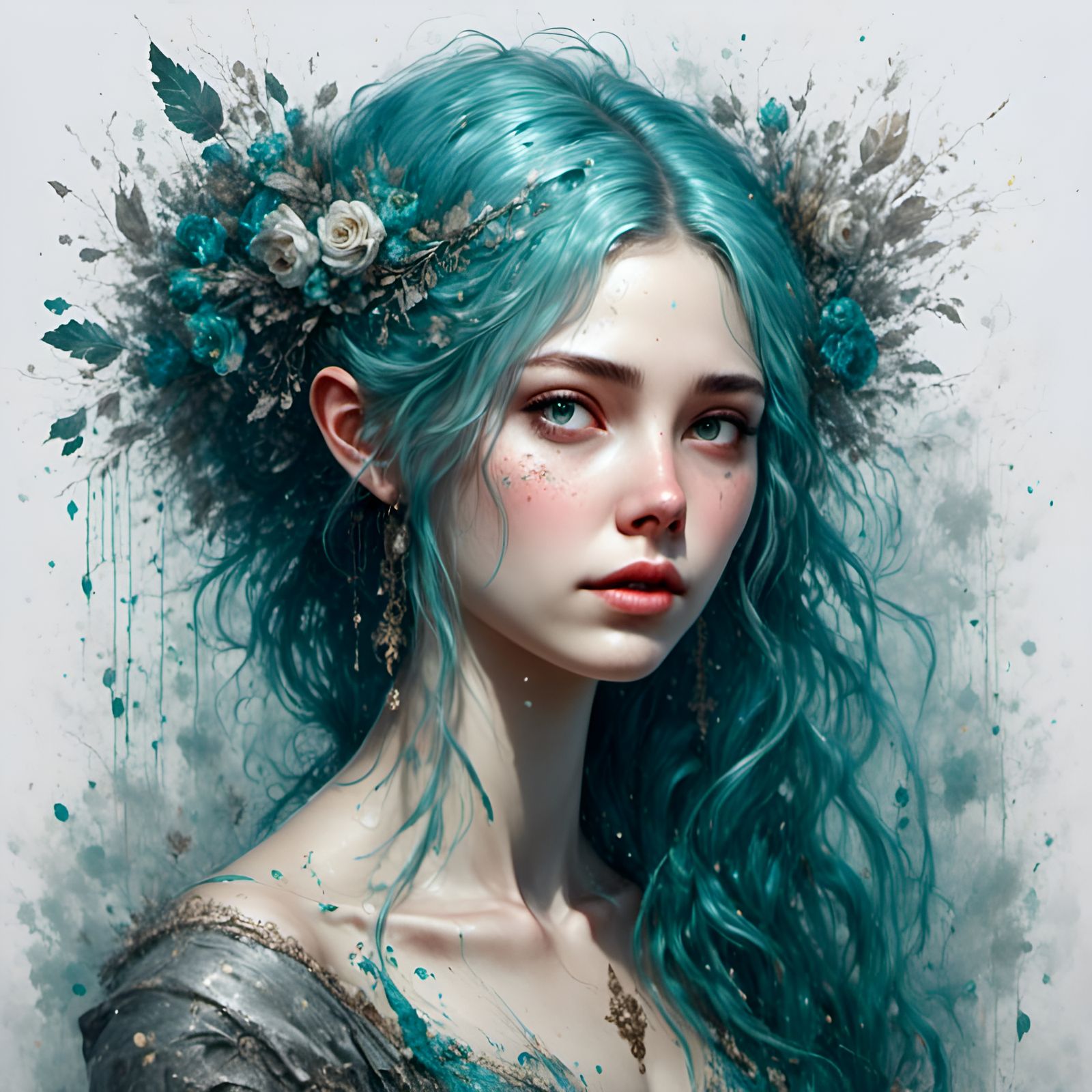 Baroque Painting of Girl with Teal Hair