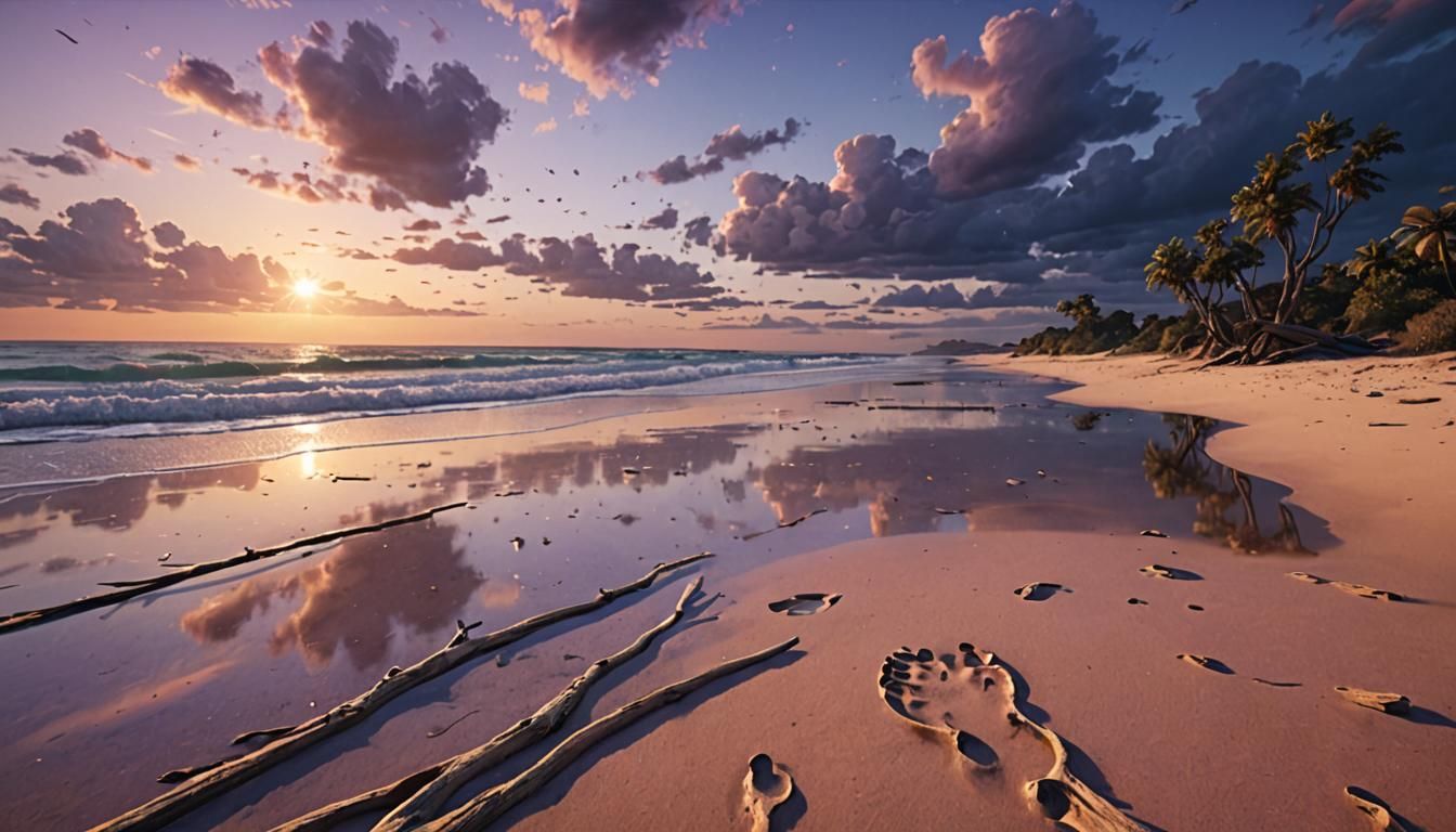 Cinematic Sunset Over Beach with Mirrored Reflection