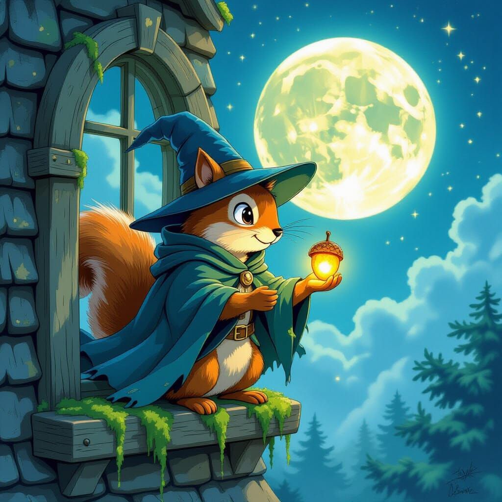 Squirrel Bandit Steals Glowing Acorn in Ghibli Style