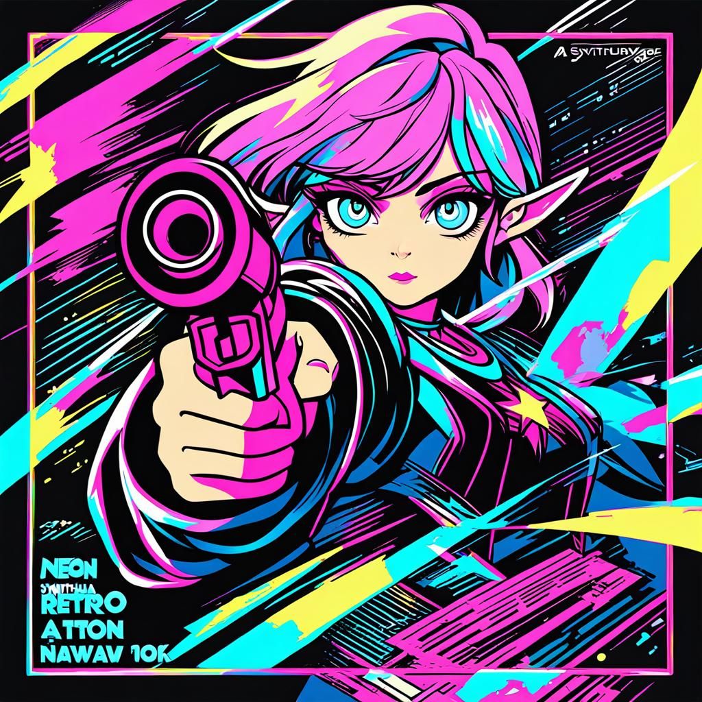 Female Elf with Gun in Synthwave Manga Style