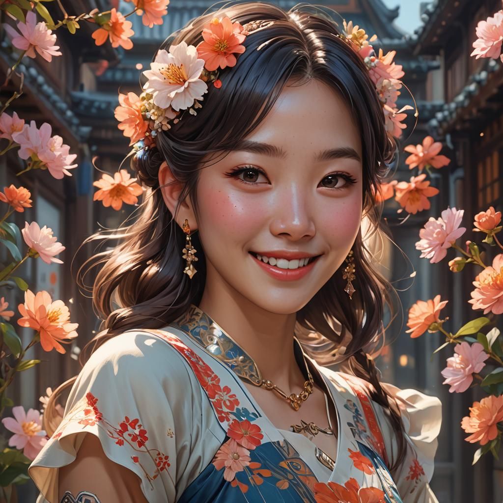 Happy Korean Girl Portrait in Hyperdetailed Style