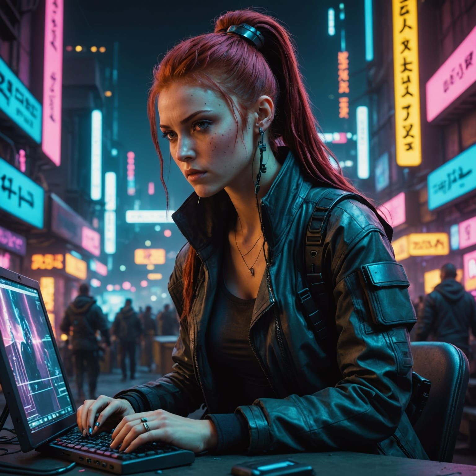 Cyberpunk Girl with Red Hair in Dystopian City