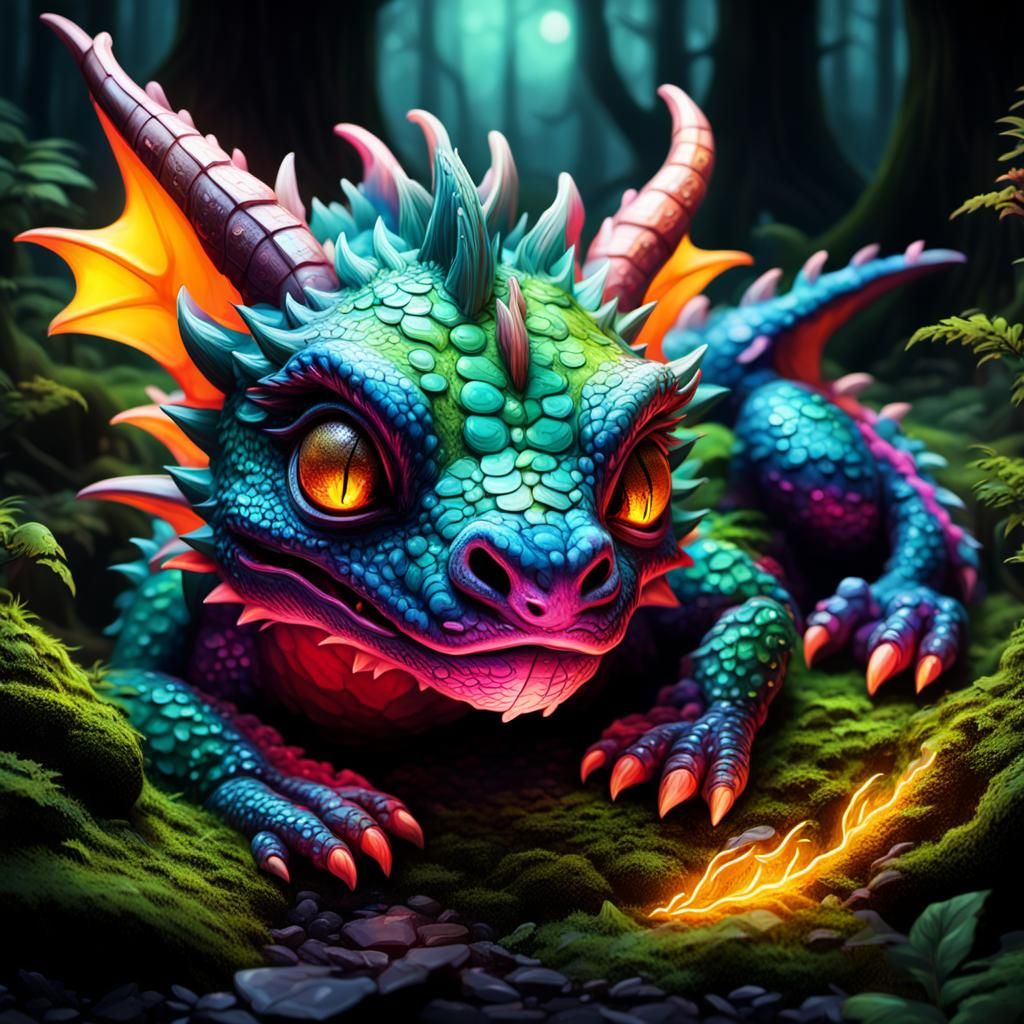 Neon Baby Dragon Resting in Mossy Forest