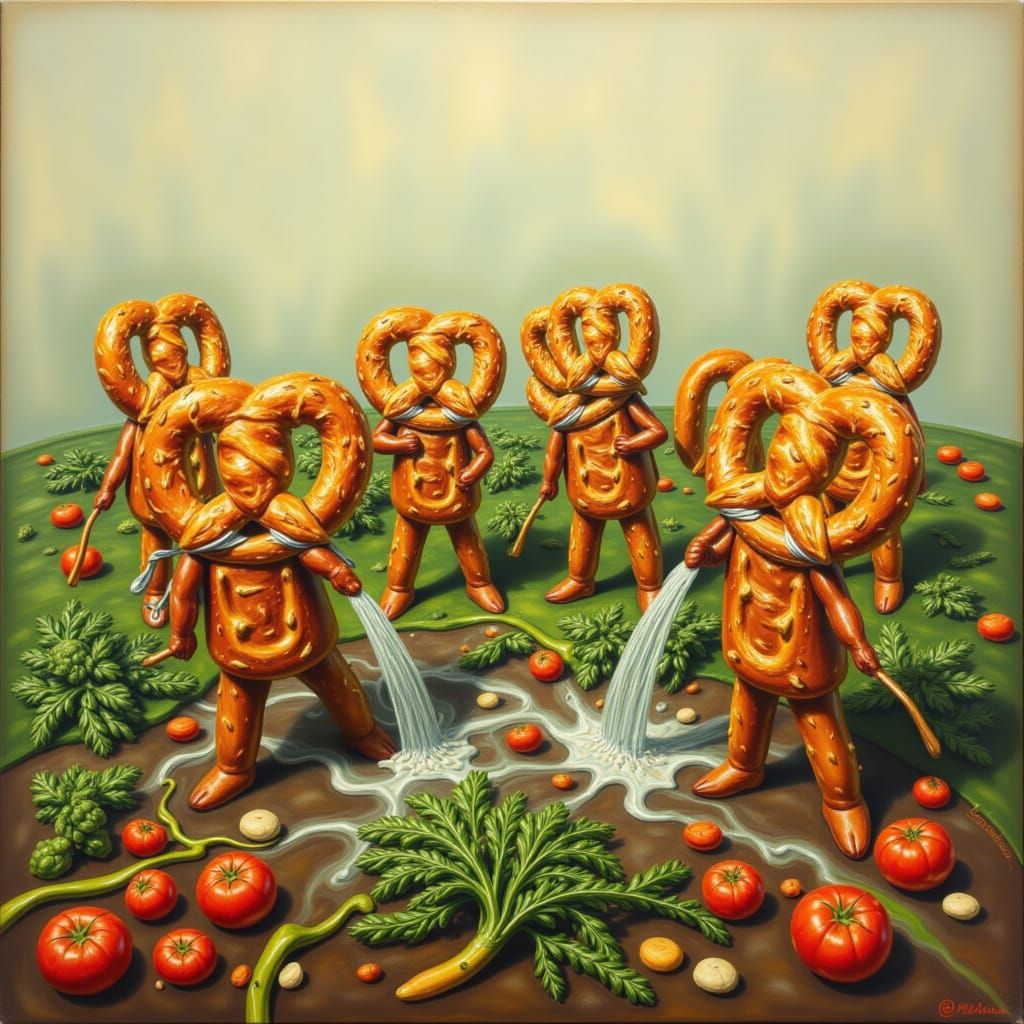 Pretzel People Watering a Vibrant Vegetable Garden in Gouach...