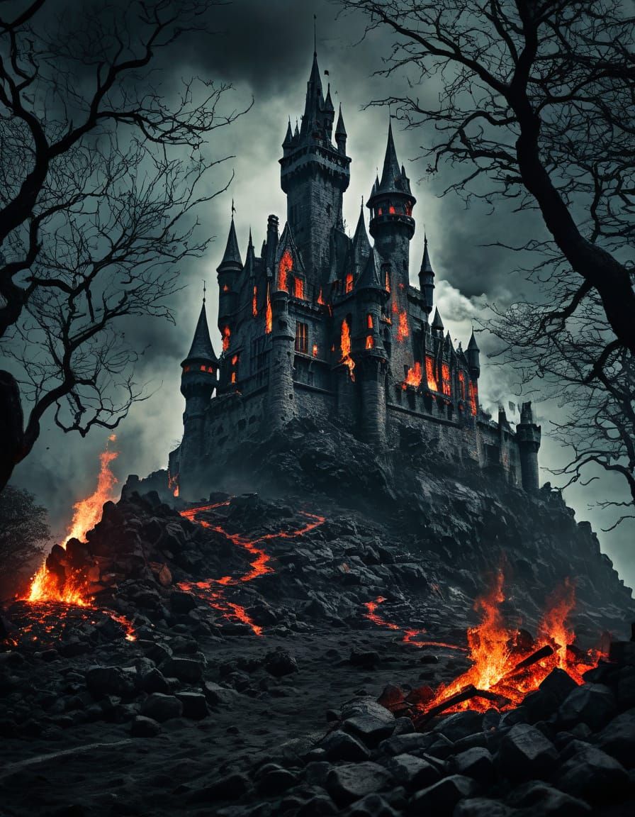 Dark Fantasy Castle Ablaze in Digital Art