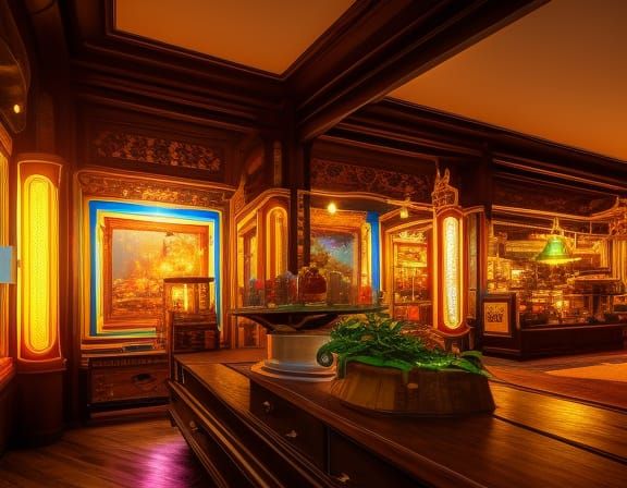 inside an antique store 8k resolution concept art dynamic lighting hyperdetailed intricately detailed Splash art triadic...