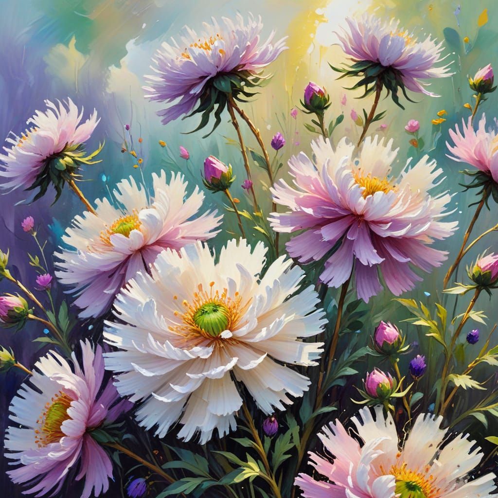Asters and Peonies Spill from Cloud: Impasto Painting