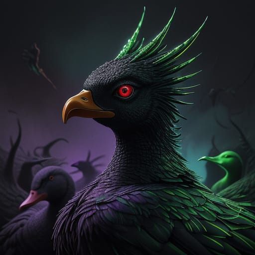 Surreal Alien Rubber Duck Amidst Demonic Flock