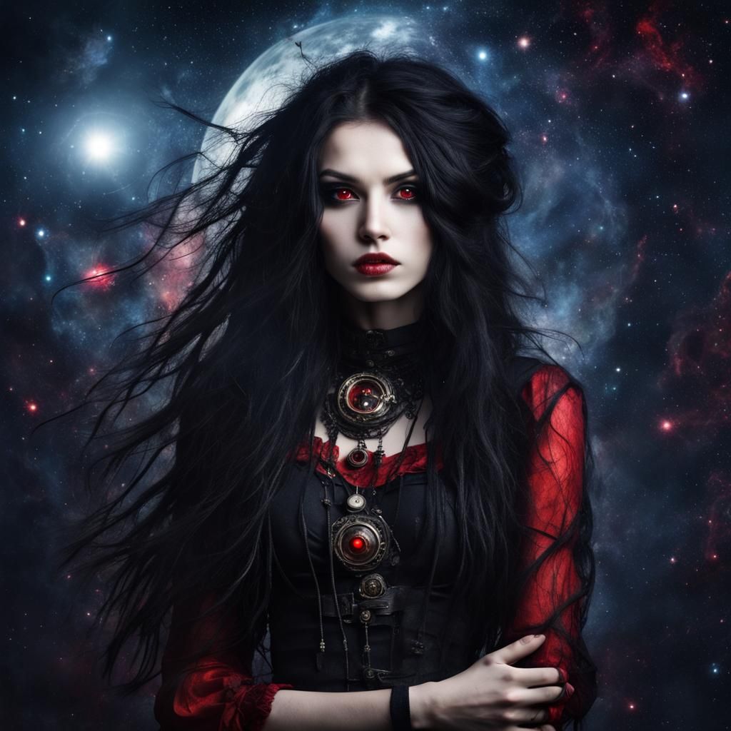 Enchanting Gothic Steampunk Girl in Cosmic Scape