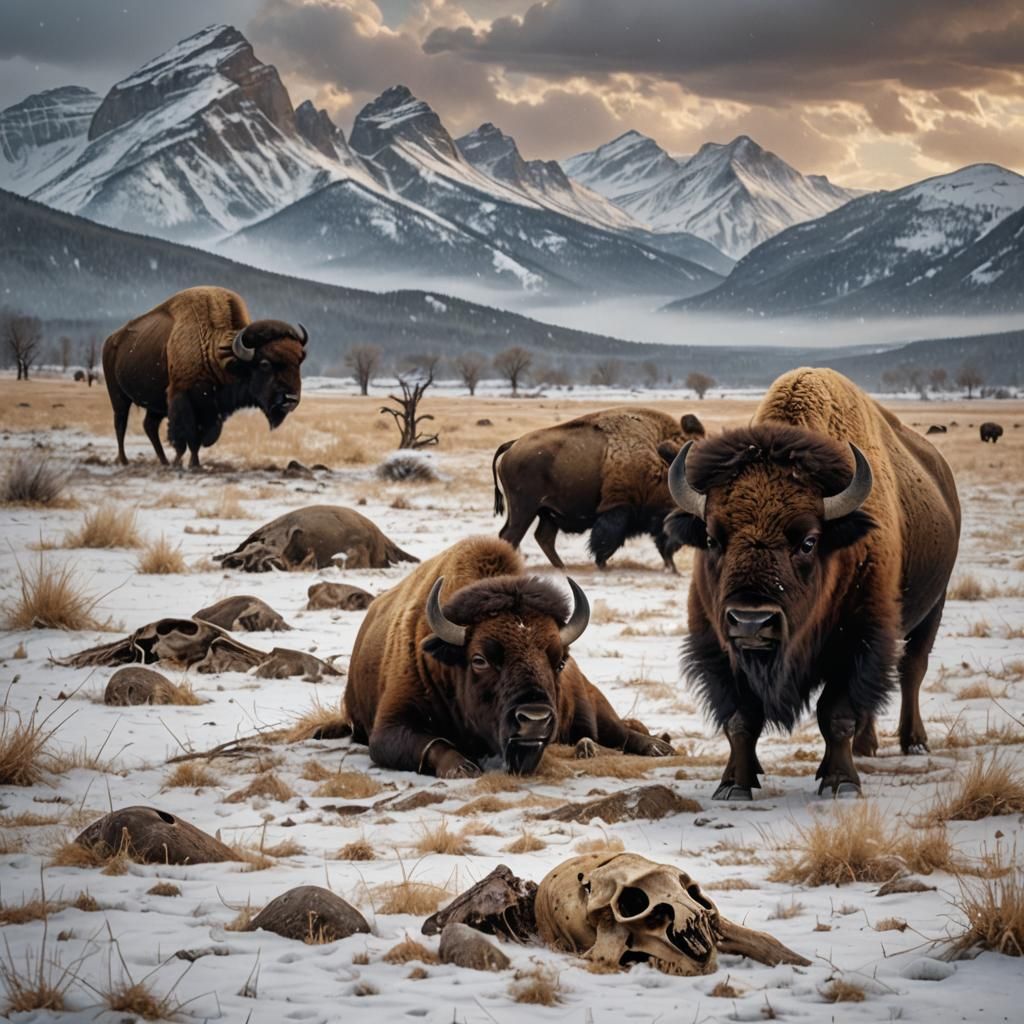 Bison Family in Winter Landscape: Detailed Matte Painting
